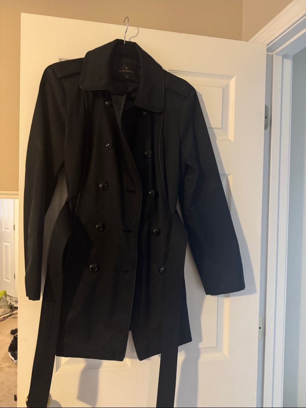 Worthington Black Double-Breasted Belted Trench